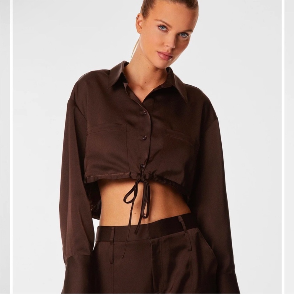The Noli Shop MILAN SATIN BUTTON UP - ESPRESSO size ( small) women’s crop top